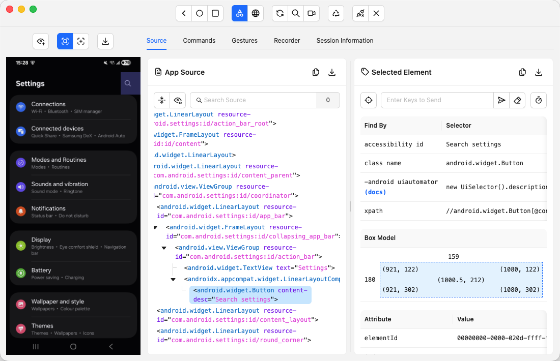 Appium Inspector showing a mobile app screen with its element hierarchy and locator attributes for building test scripts