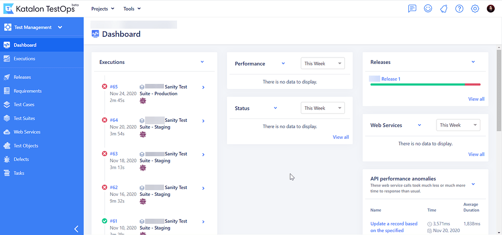 Katalon Studio dashboard showing test case management, execution results, and the low-code test builder across web, API, and mobile