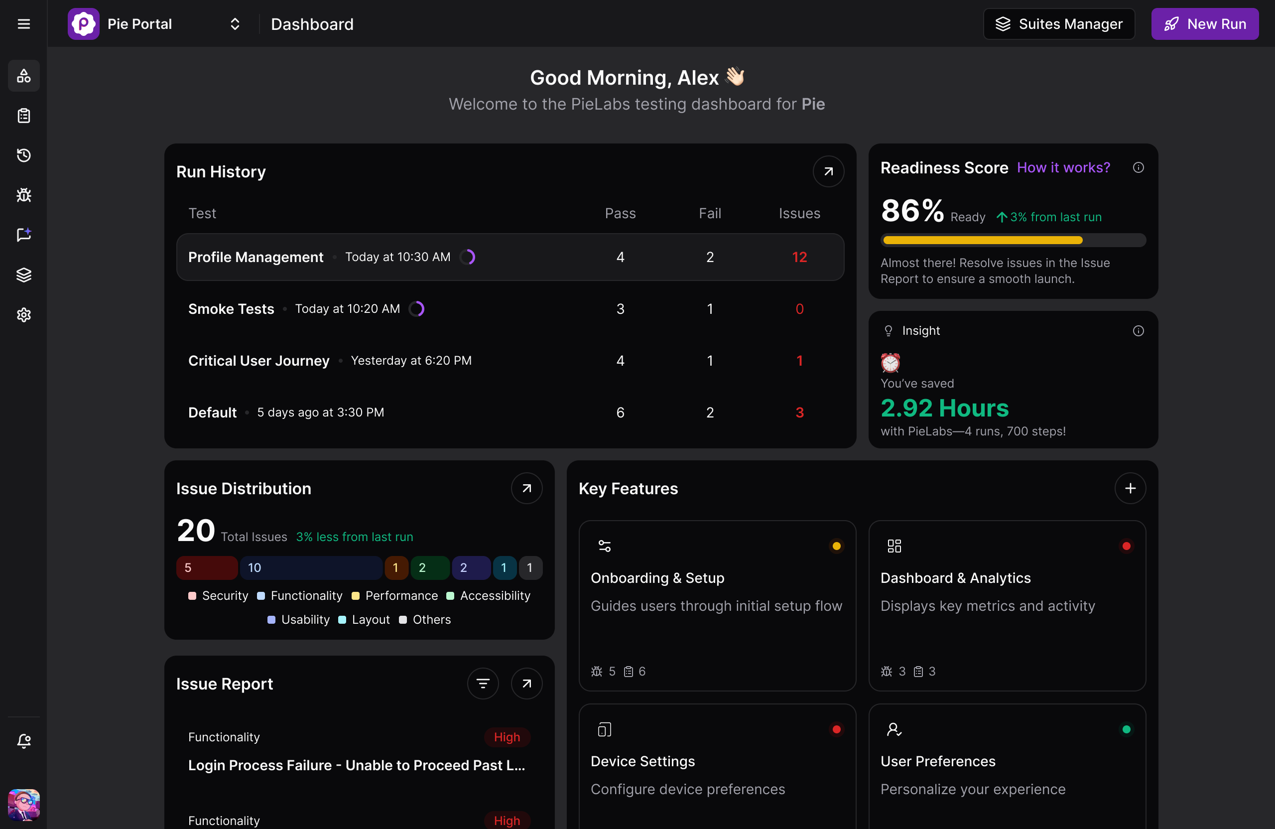 Pie portal dashboard showing Readiness Score, Run History across test suites, Issue Distribution breakdown, and Key Features, the command center for autonomous QA across web and mobile