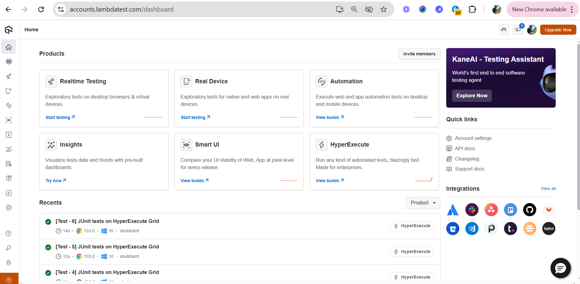 TestMu (formerly LambdaTest) dashboard showing its product tiles, Realtime Testing, Real Device, Automation, Insights, Smart UI, and HyperExecute, next to the KaneAI testing-assistant agent and a list of recent runs