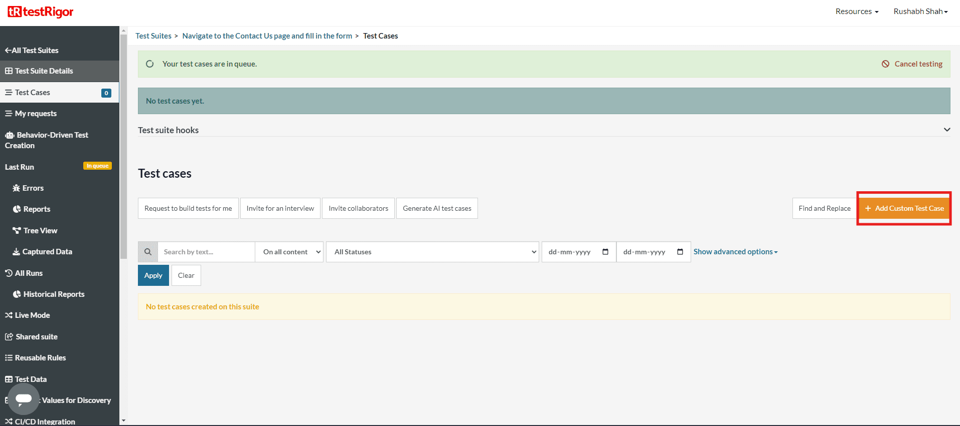 testRigor test editor showing test steps written as plain-English sentences instead of code or selectors